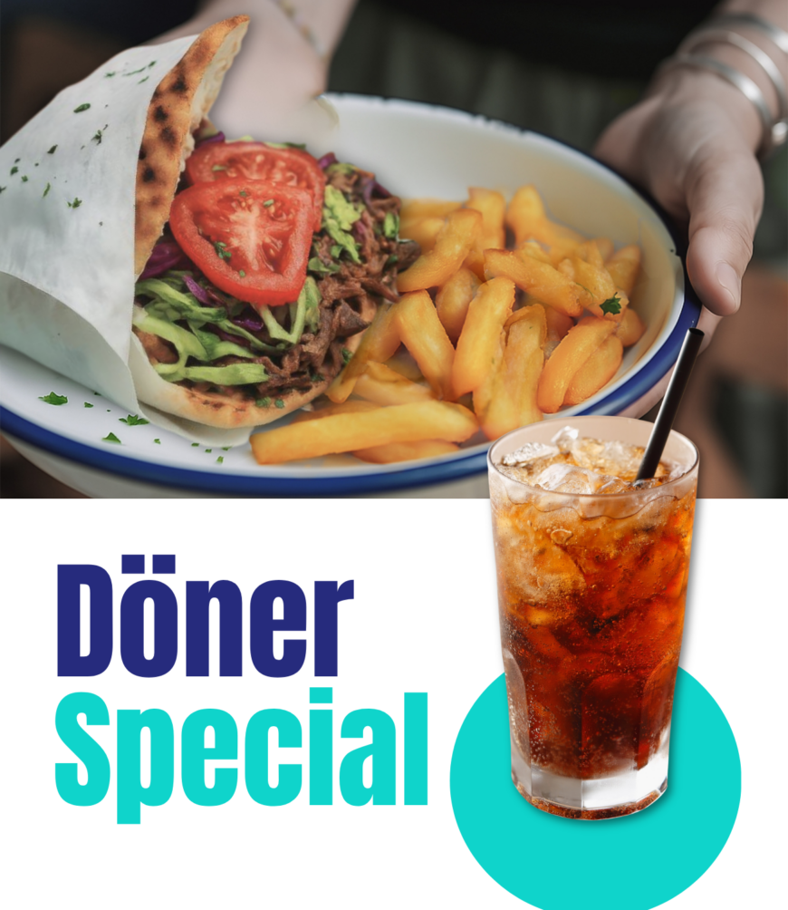 The Lebanese Bakery and Kitchen's delicious döner special. Choose between a chicken or beef döner served with crispy handcut fries and a coke.